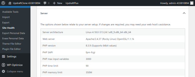 Where to check your php memory limit in WP-Optimize