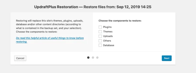 UpdraftPlus restoration window