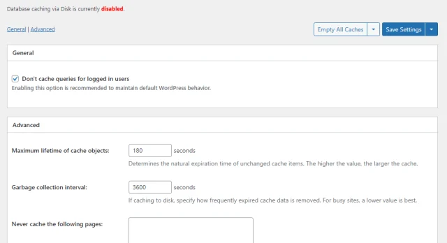 Advanced database settings