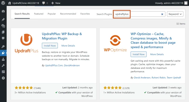 UpdraftPlus window