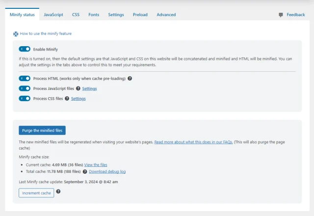 Minify settings
